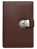 tan leather writing journal with lock on tab closure